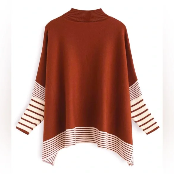 Chicwish Mock Neck Poncho Sweater Pullover Burnt Orange Striped Size S / M - Picture 2 of 13